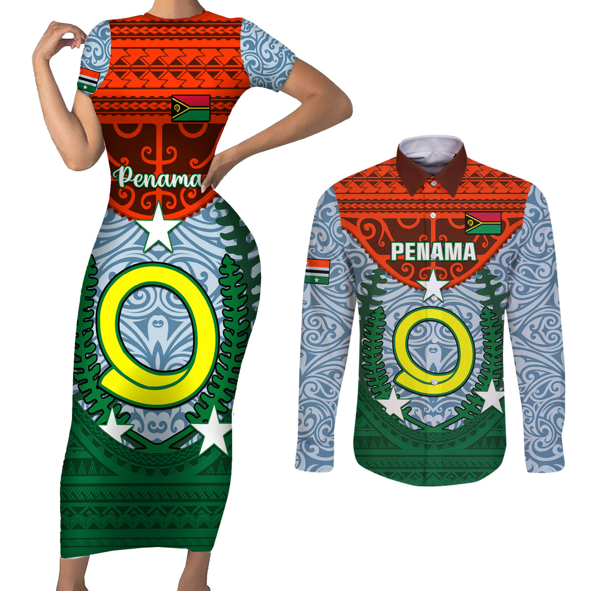 Personalized Vanuatu Penama Province Couples Matching Short Sleeve Bodycon Dress and Long Sleeve Button Shirts Vanuatuan Coat Of Arms Polynesian Pattern LT05 Green - Polynesian Pride