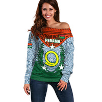 Personalized Vanuatu Penama Province Off Shoulder Sweater Vanuatuan Coat Of Arms Polynesian Pattern LT05 Women Green - Polynesian Pride