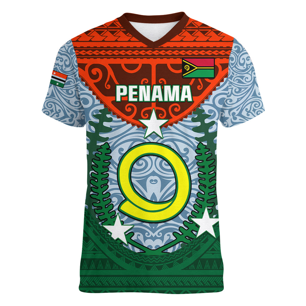 Personalized Vanuatu Penama Province Women V Neck T Shirt Vanuatuan Coat Of Arms Polynesian Pattern LT05 Female Green - Polynesian Pride