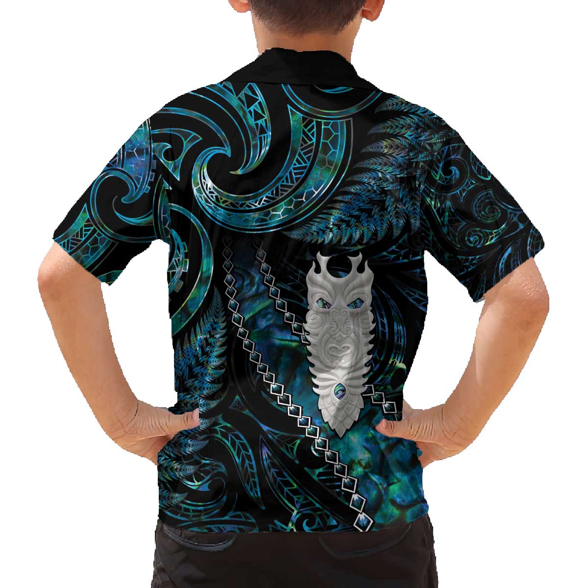 New Zealand Aotearoa Family Matching Off The Shoulder Long Sleeve Dress and Hawaiian Shirt Maori Tane Te Waiora Paua Shell Glitter Turquoise LT05 - Polynesian Pride