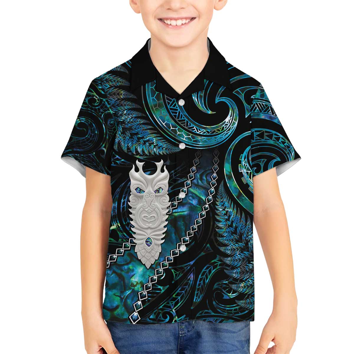 New Zealand Aotearoa Family Matching Off The Shoulder Long Sleeve Dress and Hawaiian Shirt Maori Tane Te Waiora Paua Shell Glitter Turquoise LT05 Son's Shirt Turquoise - Polynesian Pride