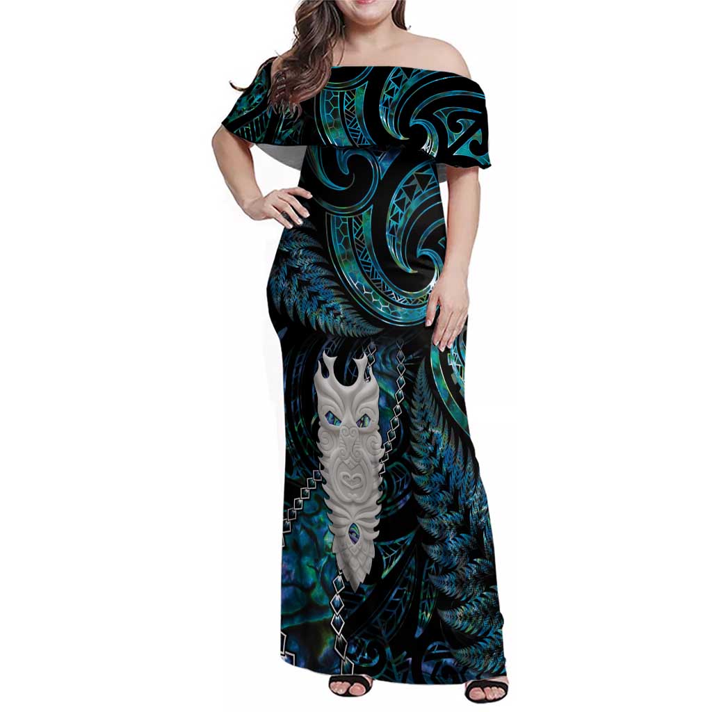 New Zealand Aotearoa Family Matching Off Shoulder Maxi Dress and Hawaiian Shirt Maori Tane Te Waiora Paua Shell Glitter Turquoise