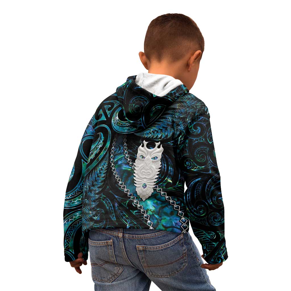 New Zealand Aotearoa Kid Hoodie Maori Tane Te Waiora Paua Shell Glitter Turquoise