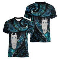 New Zealand Aotearoa Women V-Neck T-Shirt Maori Tane Te Waiora Paua Shell Glitter Turquoise