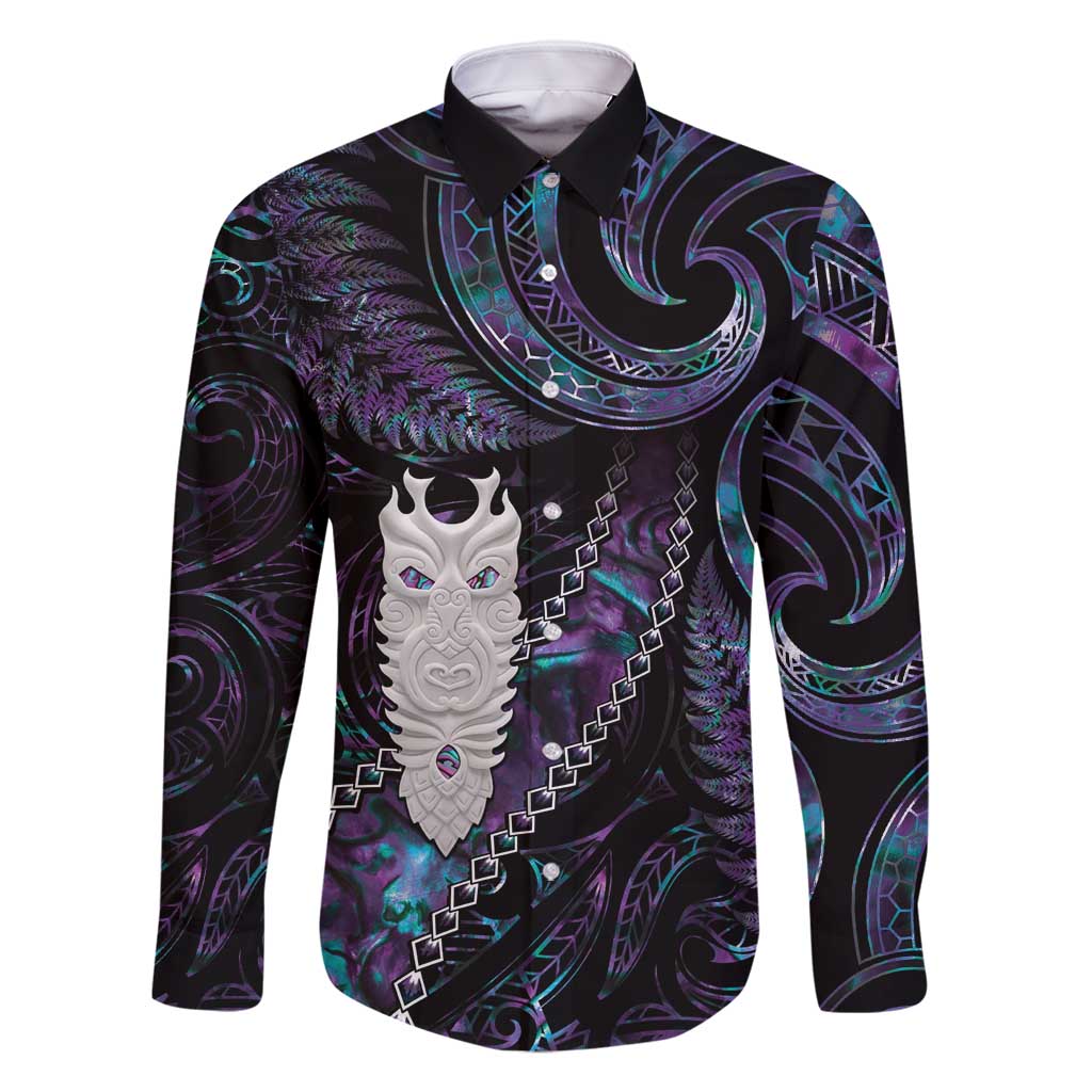 New Zealand Aotearoa Family Matching Mermaid Dress and Hawaiian Shirt Maori Tane Te Waiora Paua Shell Glitter Purple LT05 Dad's Shirt - Long Sleeve Purple - Polynesian Pride