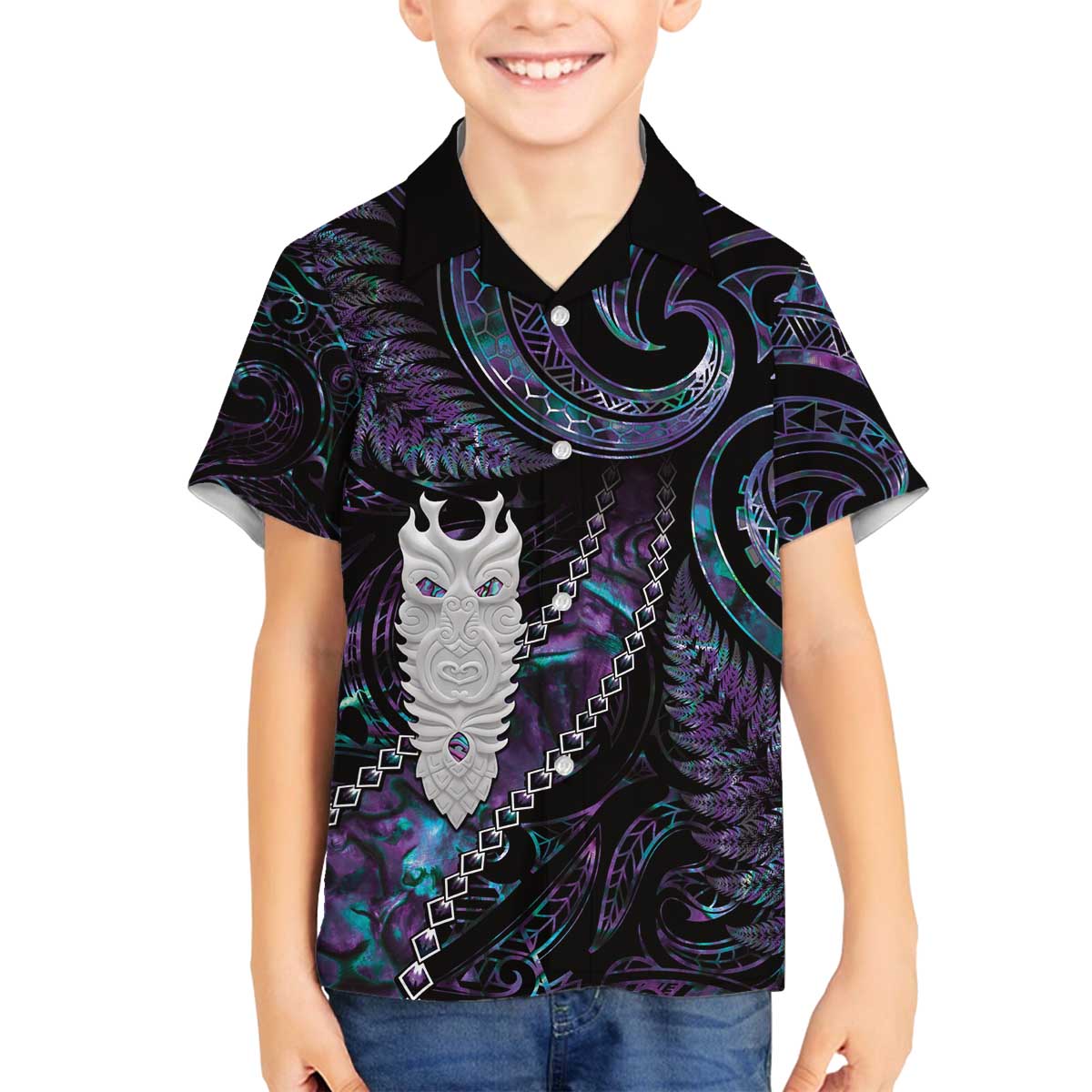 New Zealand Aotearoa Family Matching Off The Shoulder Long Sleeve Dress and Hawaiian Shirt Maori Tane Te Waiora Paua Shell Glitter Purple LT05 Son's Shirt Purple - Polynesian Pride