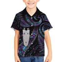 New Zealand Aotearoa Family Matching Off The Shoulder Long Sleeve Dress and Hawaiian Shirt Maori Tane Te Waiora Paua Shell Glitter Purple LT05 Son's Shirt Purple - Polynesian Pride