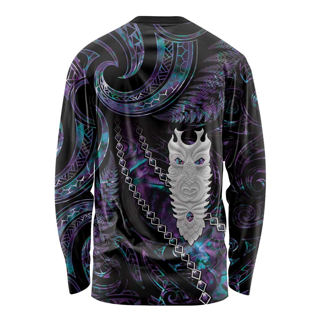 New Zealand Aotearoa Long Sleeve Shirt Maori Tane Te Waiora Paua Shell Glitter Purple