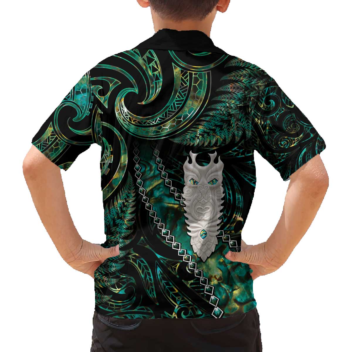 New Zealand Aotearoa Family Matching Off The Shoulder Long Sleeve Dress and Hawaiian Shirt Maori Tane Te Waiora Paua Shell Glitter Green LT05 - Polynesian Pride