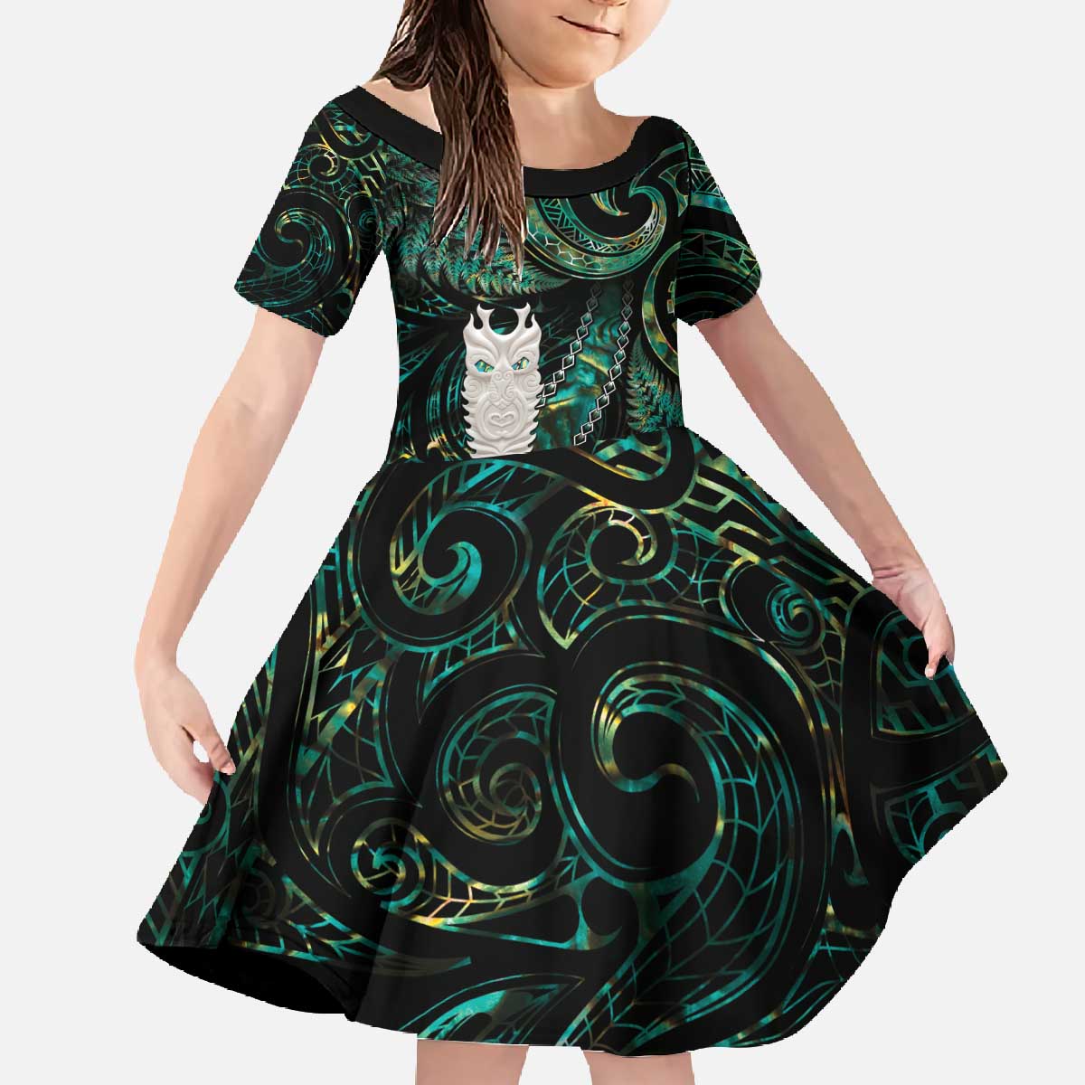 New Zealand Aotearoa Family Matching Off The Shoulder Long Sleeve Dress and Hawaiian Shirt Maori Tane Te Waiora Paua Shell Glitter Green LT05 Daughter's Dress Green - Polynesian Pride