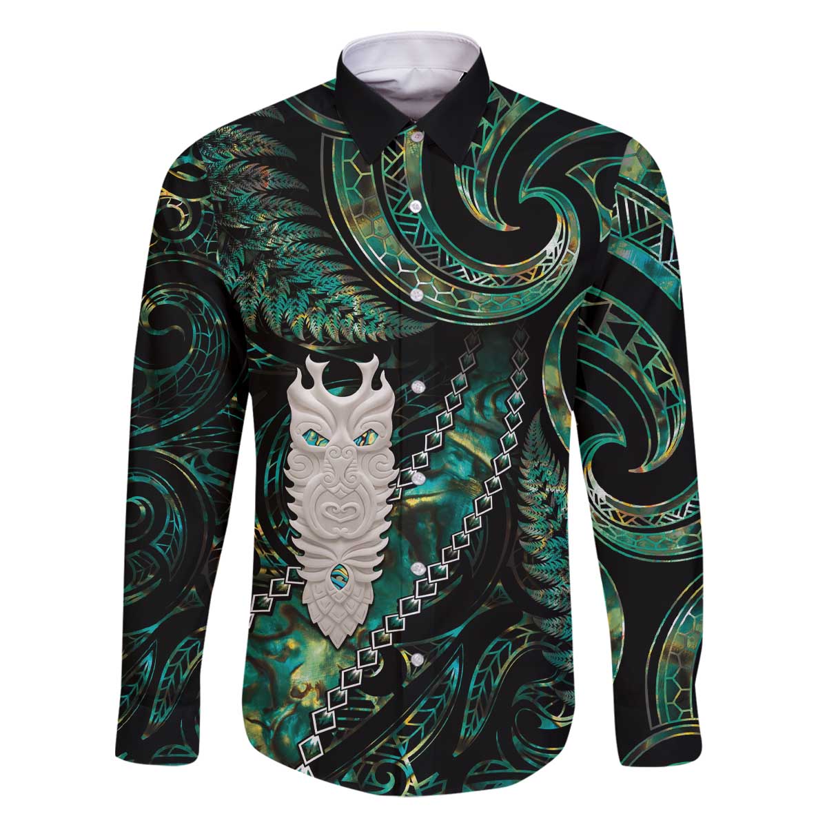 New Zealand Aotearoa Family Matching Off The Shoulder Long Sleeve Dress and Hawaiian Shirt Maori Tane Te Waiora Paua Shell Glitter Green LT05 Dad's Shirt - Long Sleeve Green - Polynesian Pride