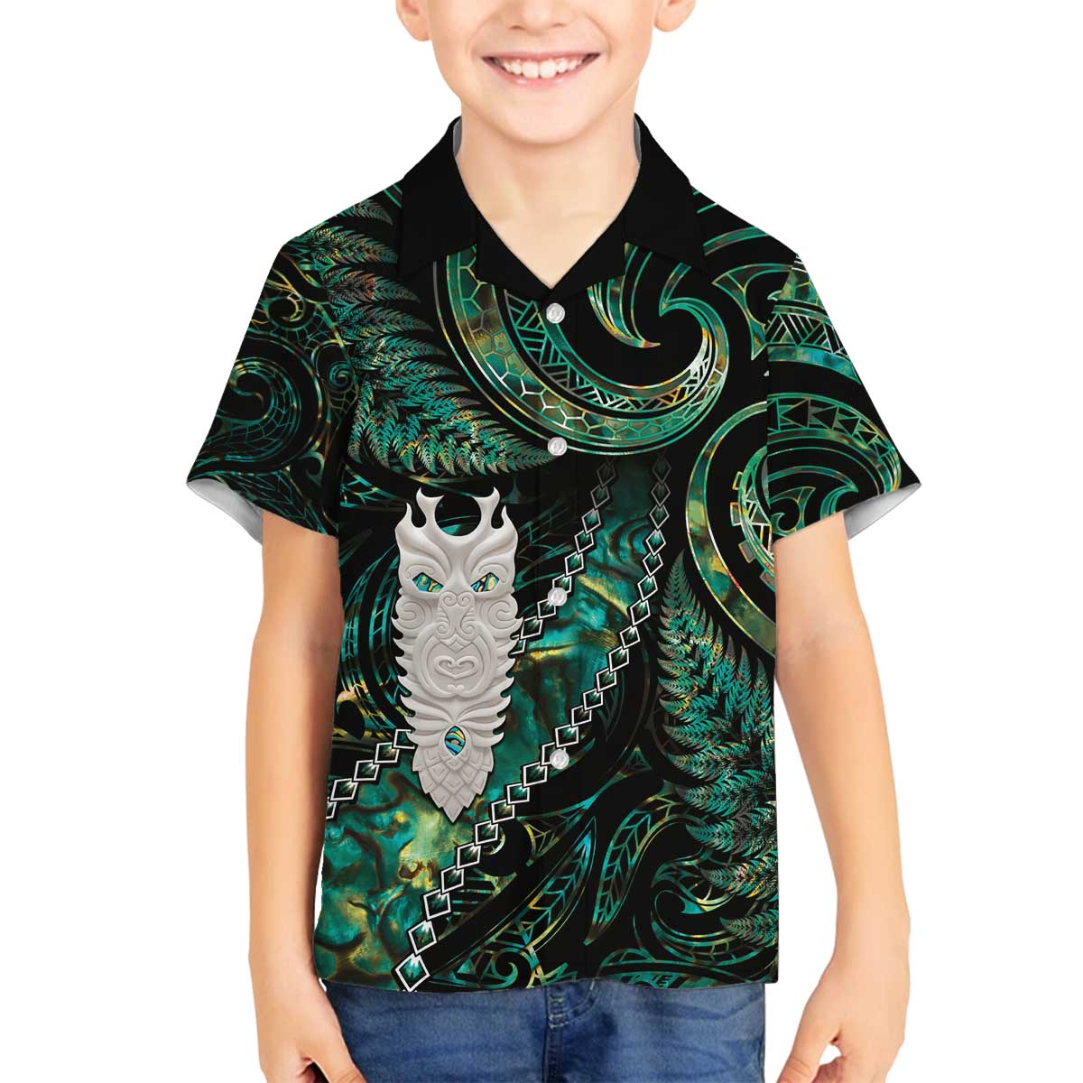 New Zealand Aotearoa Family Matching Off The Shoulder Long Sleeve Dress and Hawaiian Shirt Maori Tane Te Waiora Paua Shell Glitter Green LT05 Son's Shirt Green - Polynesian Pride