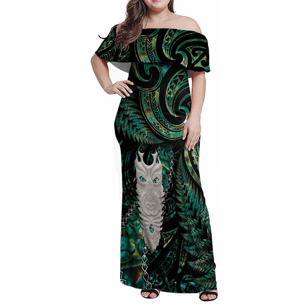 New Zealand Aotearoa Family Matching Off Shoulder Maxi Dress and Hawaiian Shirt Maori Tane Te Waiora Paua Shell Glitter Green