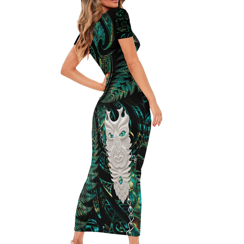New Zealand Aotearoa Family Matching Short Sleeve Bodycon Dress and Hawaiian Shirt Maori Tane Te Waiora Paua Shell Glitter Green