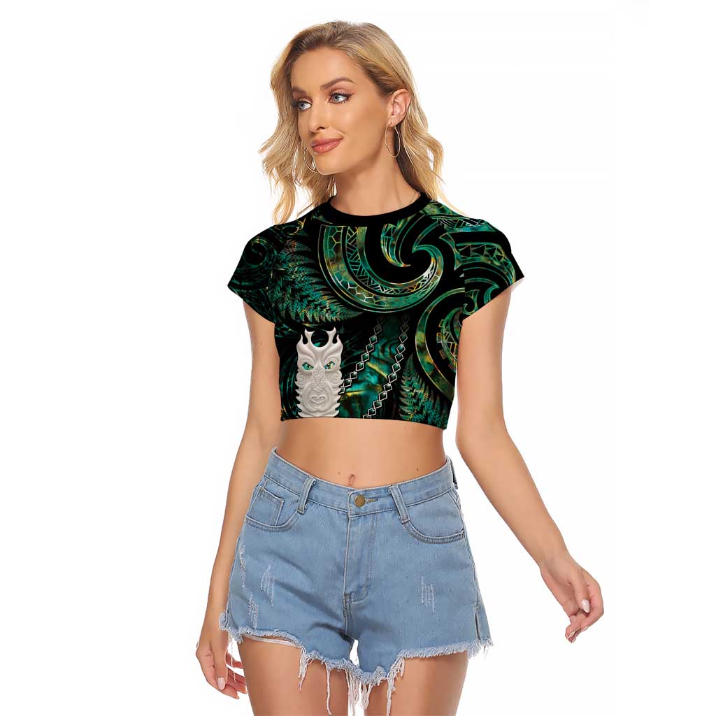 New Zealand Aotearoa Raglan Cropped T Shirt Maori Tane Te Waiora Paua Shell Glitter Green LT05 Female Green - Polynesian Pride