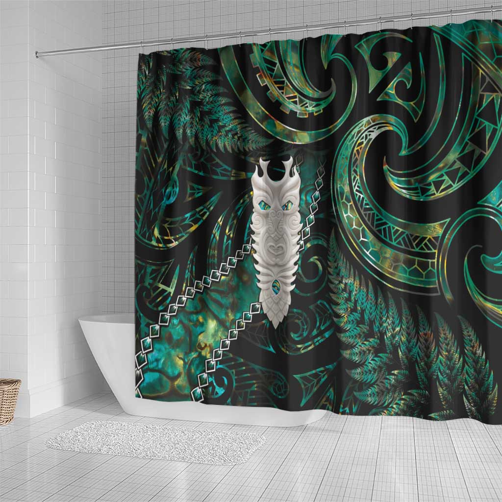 New Zealand Aotearoa Shower Curtain Maori Tane Te Waiora Paua Shell Glitter Green
