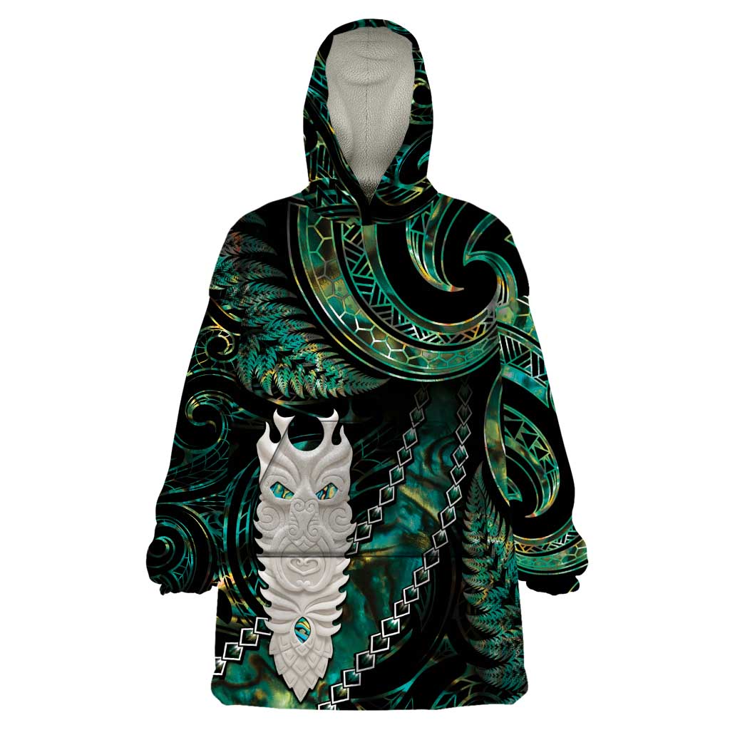 New Zealand Aotearoa Wearable Blanket Hoodie Maori Tane Te Waiora Paua Shell Glitter Green LT05 One Size Green - Polynesian Pride