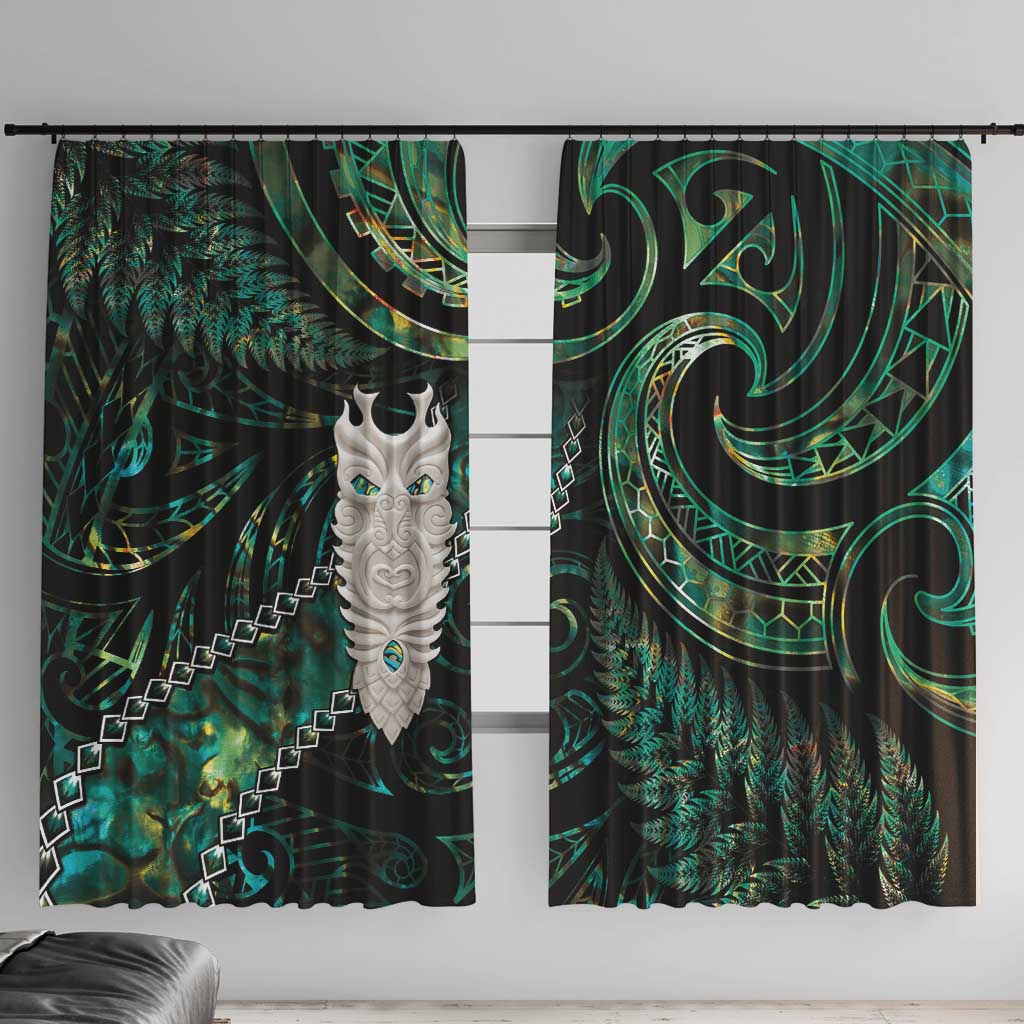 New Zealand Aotearoa Window Curtain Maori Tane Te Waiora Paua Shell Glitter Green LT05 With Hooks Green - Polynesian Pride