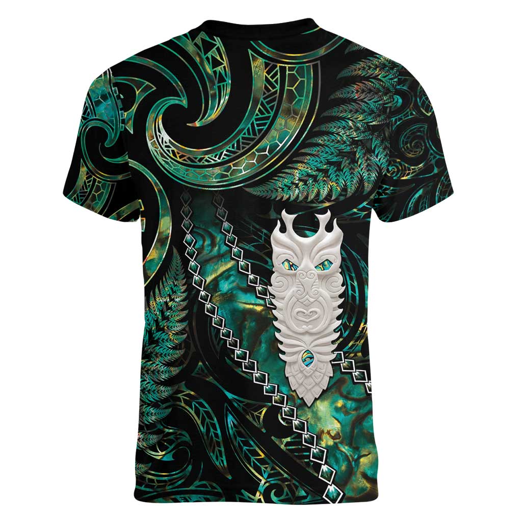 New Zealand Aotearoa Women V-Neck T-Shirt Maori Tane Te Waiora Paua Shell Glitter Green