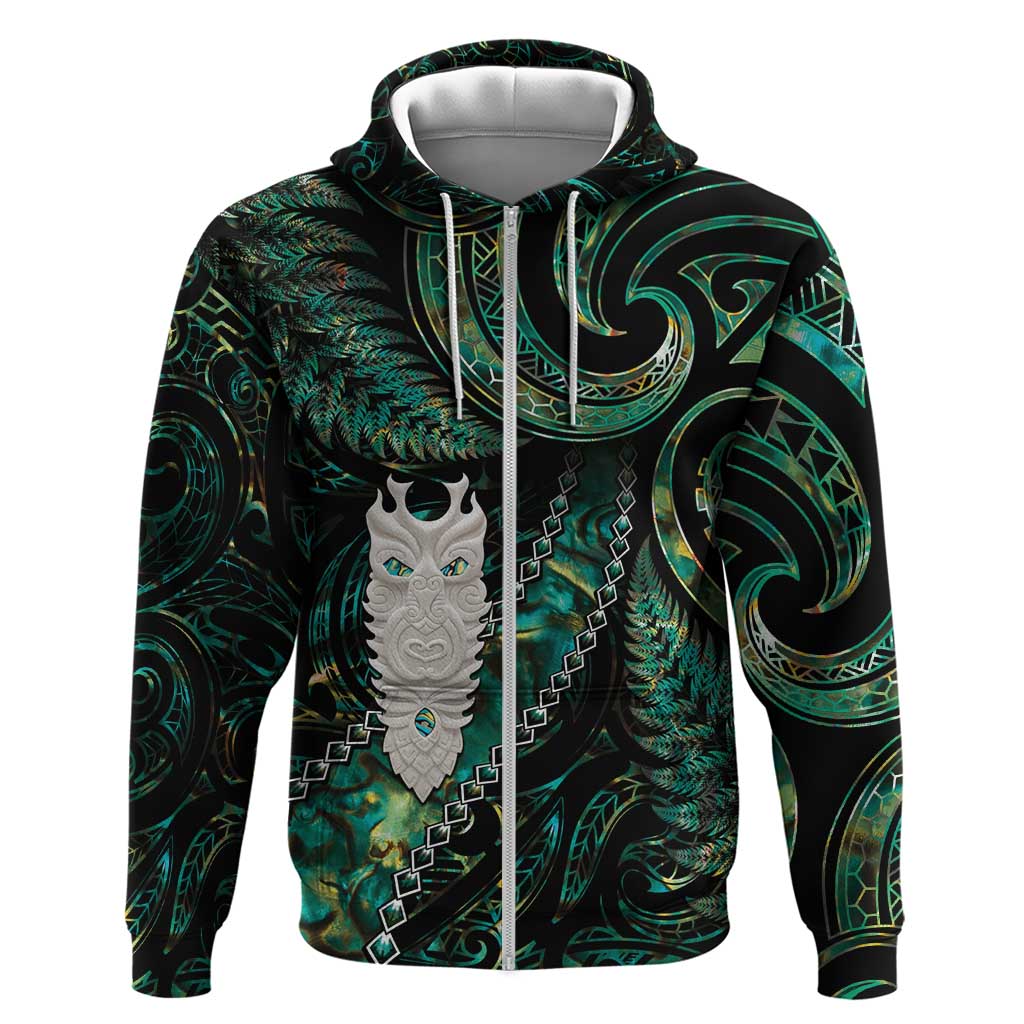 New Zealand Aotearoa Zip Hoodie Maori Tane Te Waiora Paua Shell Glitter Green LT05 Zip Hoodie Green - Polynesian Pride