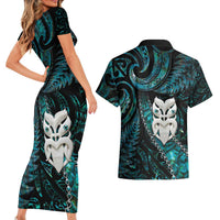 New Zealand Aotearoa Couples Matching Short Sleeve Bodycon Dress and Hawaiian Shirt Maori Wheku Paua Shell Glitter Turquoise
