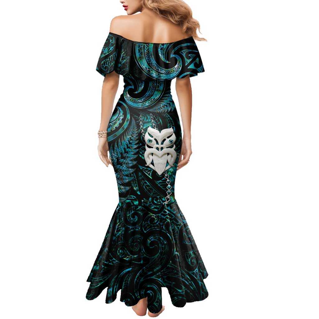 New Zealand Aotearoa Family Matching Mermaid Dress and Hawaiian Shirt Maori Wheku Paua Shell Glitter Turquoise LT05 - Polynesian Pride