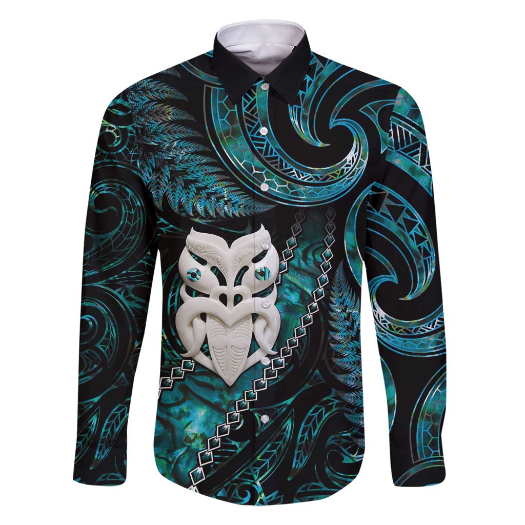 New Zealand Aotearoa Family Matching Tank Maxi Dress and Hawaiian Shirt Maori Wheku Paua Shell Glitter Turquoise LT05 Dad's Shirt - Long Sleeve Turquoise - Polynesian Pride
