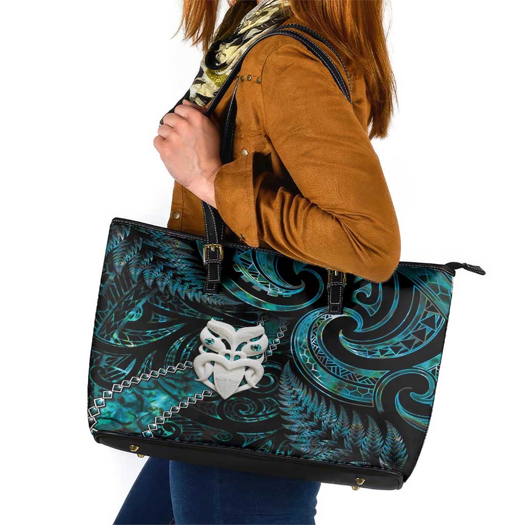 New Zealand Aotearoa Leather Tote Bag Maori Wheku Paua Shell Glitter Turquoise LT05 Turquoise - Polynesian Pride