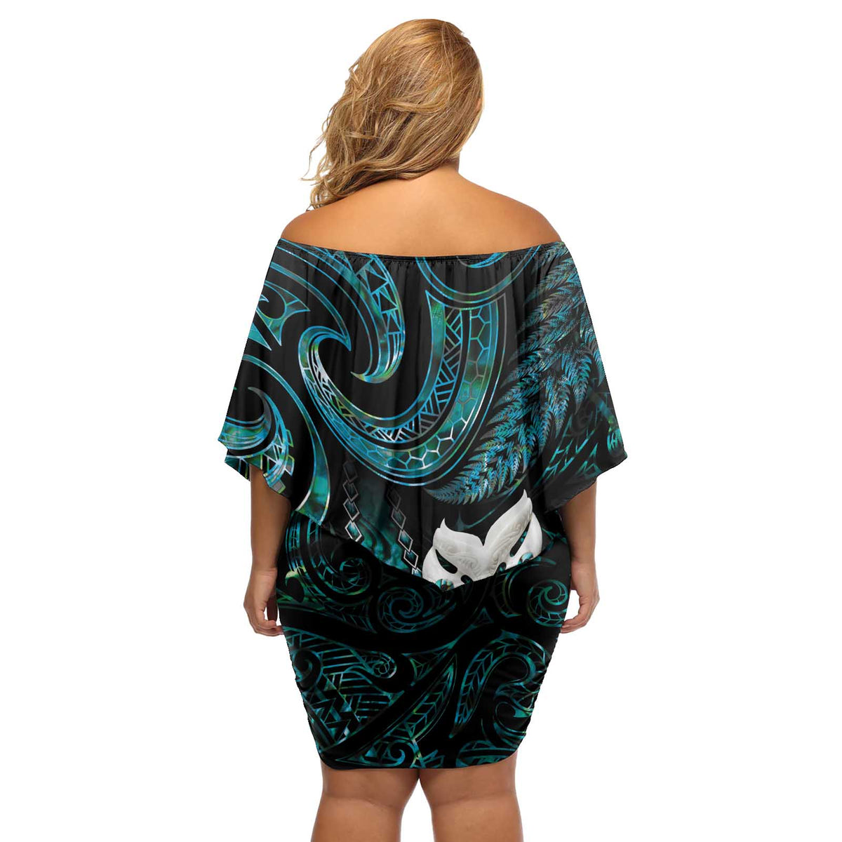 New Zealand Aotearoa Off Shoulder Short Dress Maori Wheku Paua Shell Glitter Turquoise LT05 - Polynesian Pride
