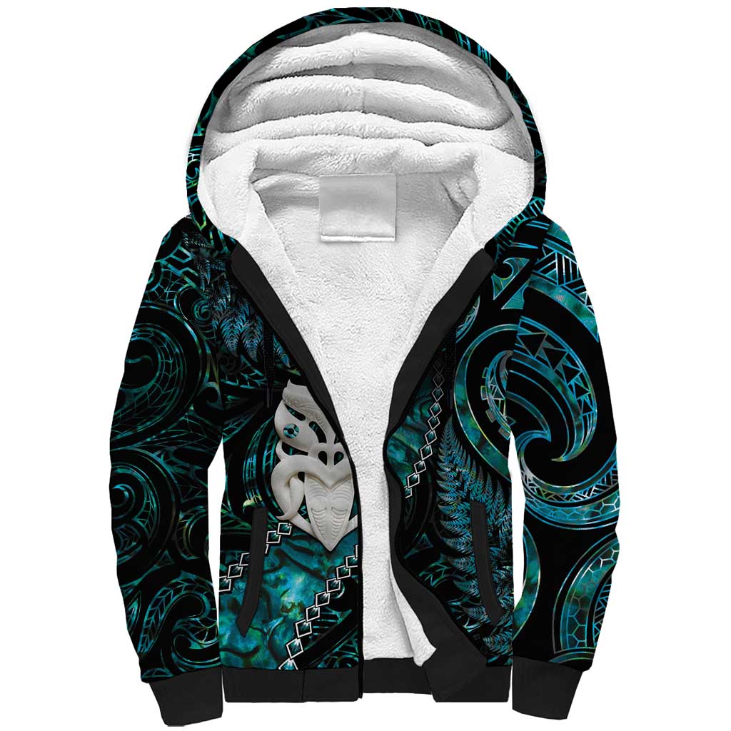 New Zealand Aotearoa Sherpa Hoodie Maori Wheku Paua Shell Glitter Turquoise LT05 Unisex Turquoise - Polynesian Pride