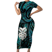 New Zealand Aotearoa Short Sleeve Bodycon Dress Maori Wheku Paua Shell Glitter Turquoise LT05 Long Dress Turquoise - Polynesian Pride