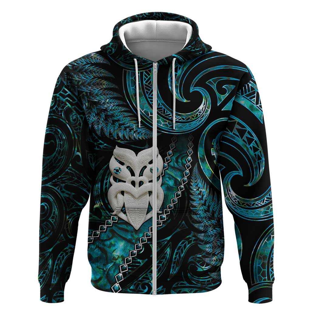 New Zealand Aotearoa Zip Hoodie Maori Wheku Paua Shell Glitter Turquoise LT05 Zip Hoodie Turquoise - Polynesian Pride