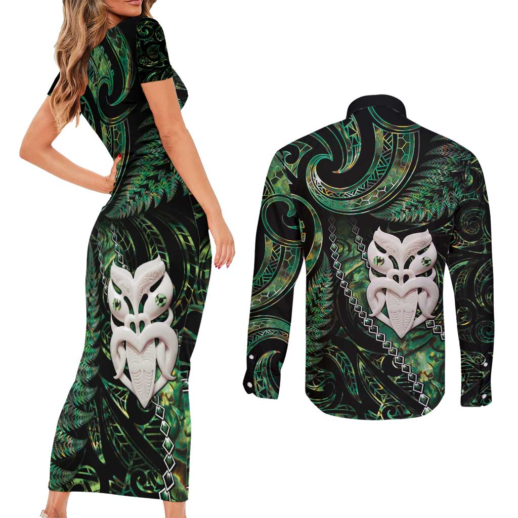 New Zealand Aotearoa Couples Matching Short Sleeve Bodycon Dress and Long Sleeve Button Shirt Maori Wheku Paua Shell Glitter Green