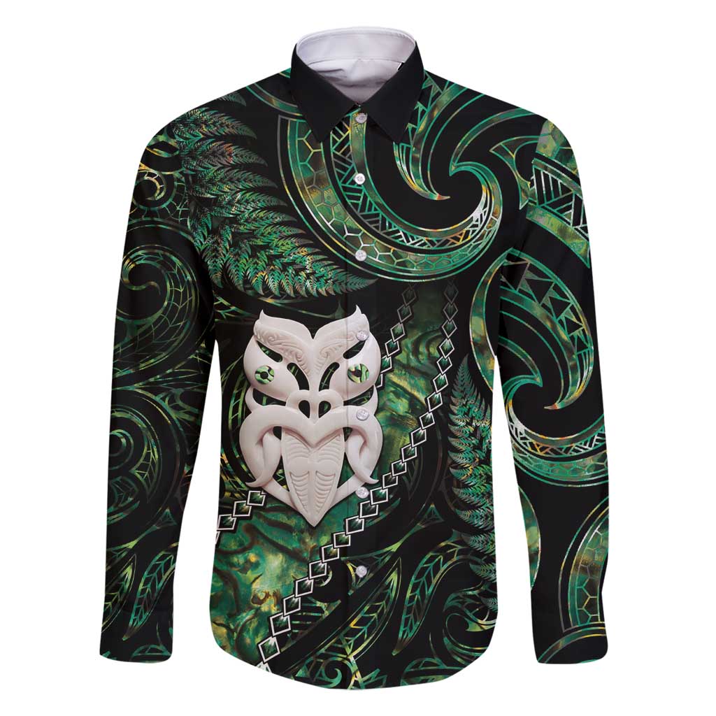 New Zealand Aotearoa Family Matching Mermaid Dress and Hawaiian Shirt Maori Wheku Paua Shell Glitter Green LT05 Dad's Shirt - Long Sleeve Green - Polynesian Pride