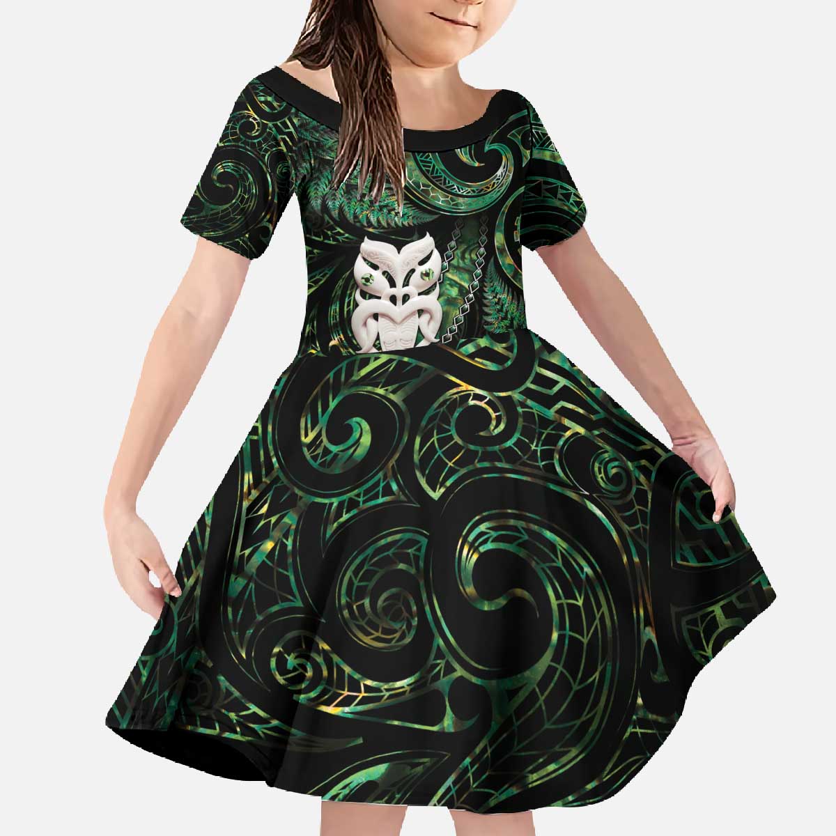 New Zealand Aotearoa Family Matching Off The Shoulder Long Sleeve Dress and Hawaiian Shirt Maori Wheku Paua Shell Glitter Green LT05 Daughter's Dress Green - Polynesian Pride