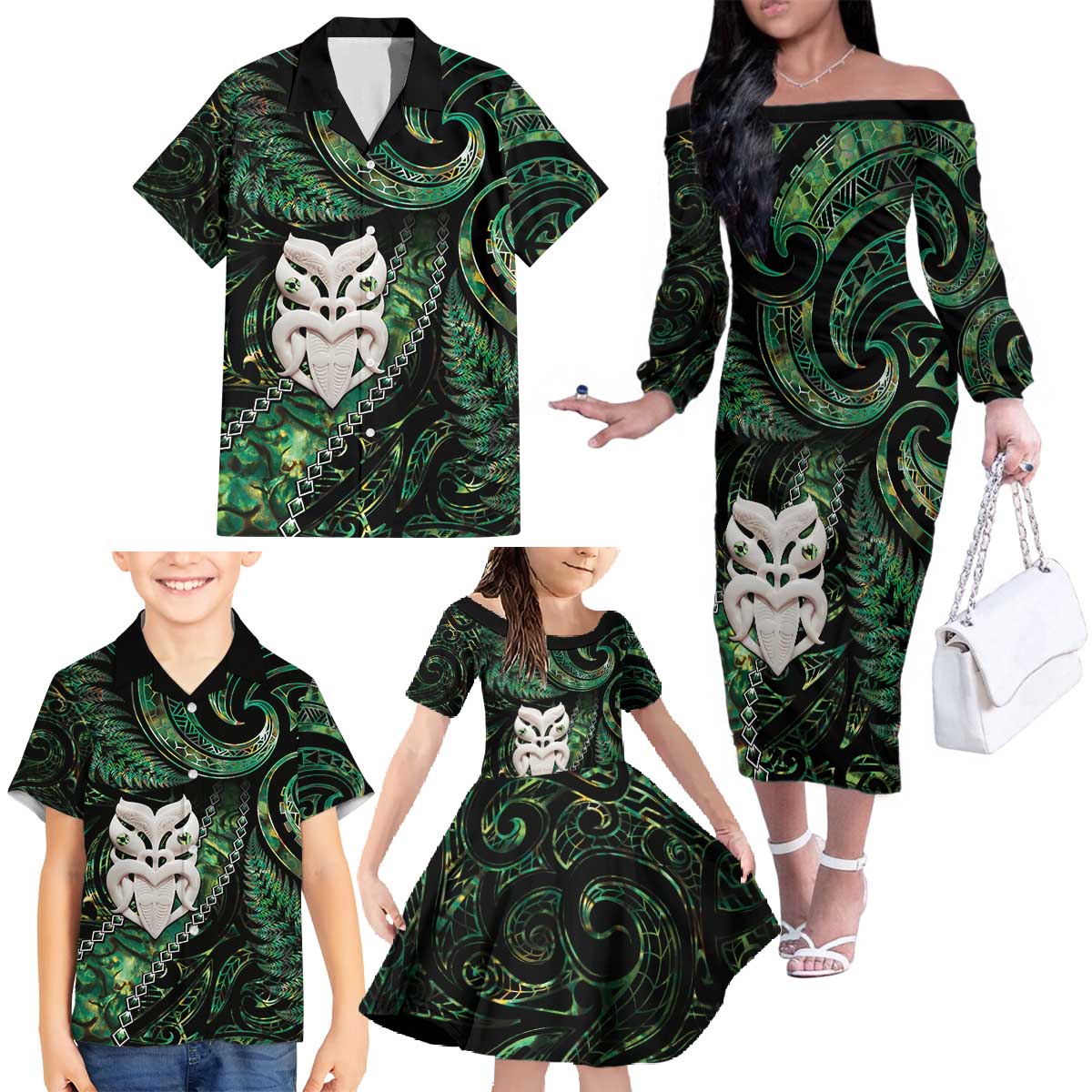 New Zealand Aotearoa Family Matching Off The Shoulder Long Sleeve Dress and Hawaiian Shirt Maori Wheku Paua Shell Glitter Green LT05 - Polynesian Pride
