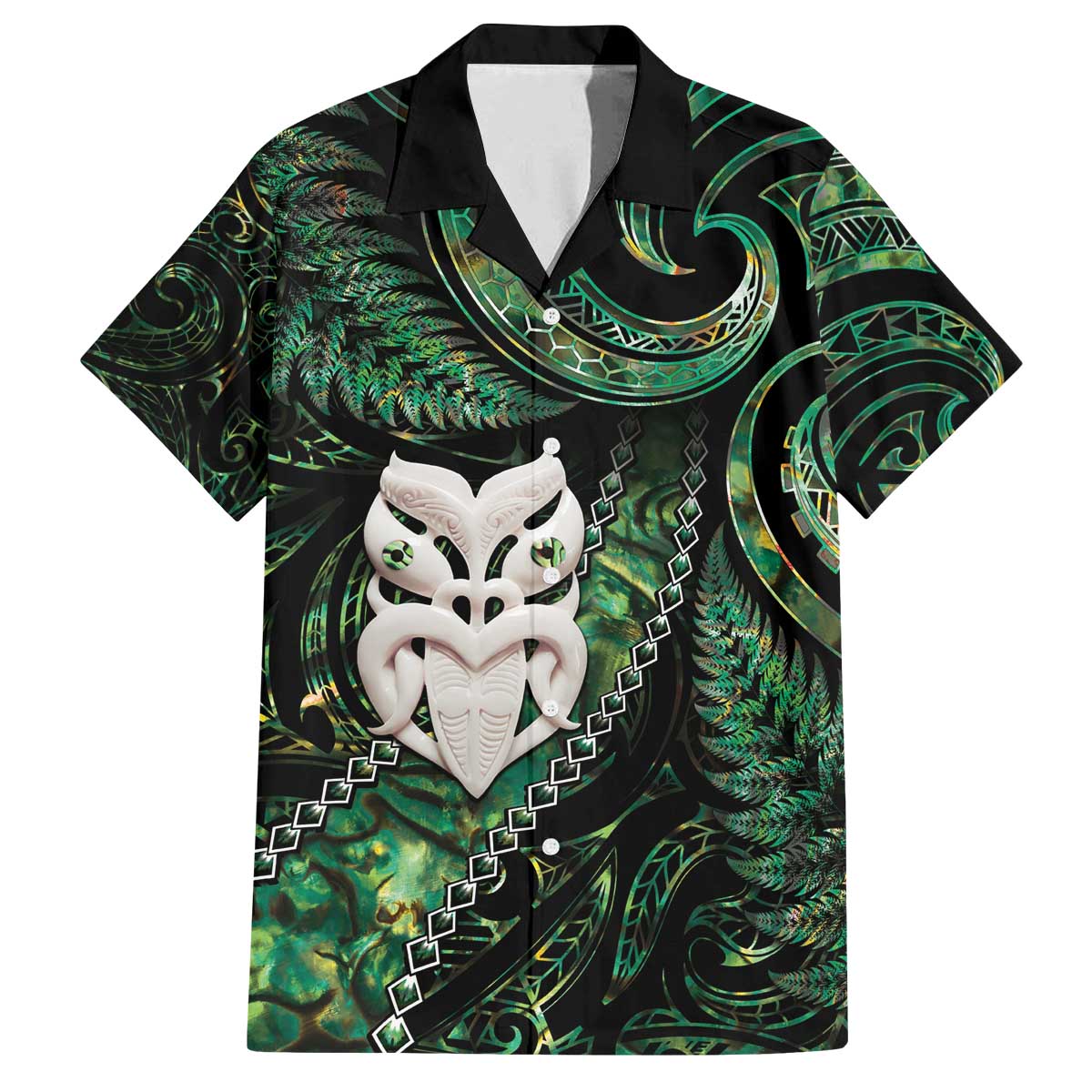 New Zealand Aotearoa Family Matching Off The Shoulder Long Sleeve Dress and Hawaiian Shirt Maori Wheku Paua Shell Glitter Green LT05 Dad's Shirt - Short Sleeve Green - Polynesian Pride