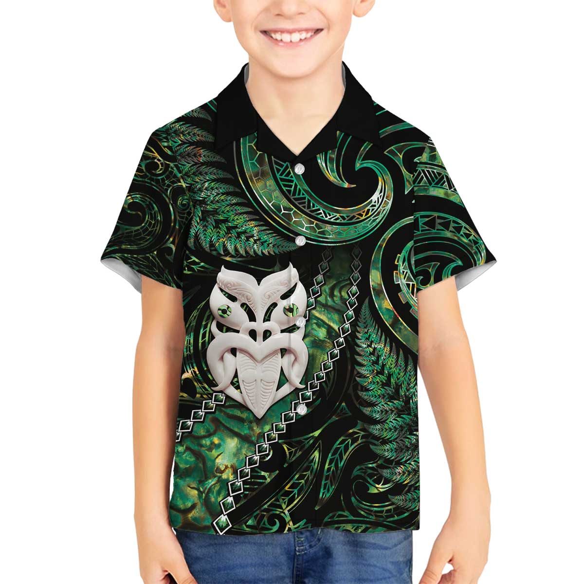 New Zealand Aotearoa Family Matching Off The Shoulder Long Sleeve Dress and Hawaiian Shirt Maori Wheku Paua Shell Glitter Green LT05 Son's Shirt Green - Polynesian Pride