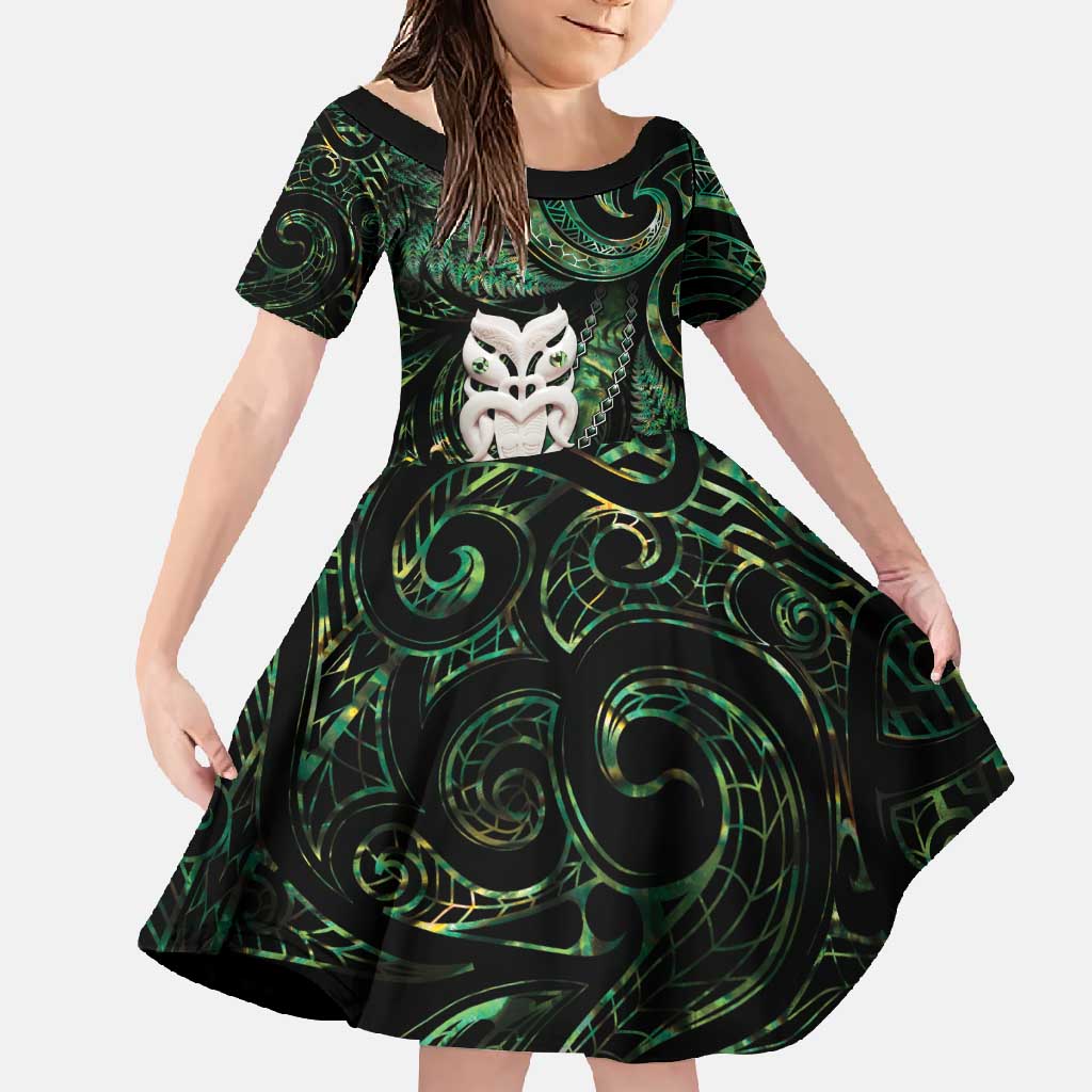 New Zealand Aotearoa Family Matching Tank Maxi Dress and Hawaiian Shirt Maori Wheku Paua Shell Glitter Green LT05 Daughter's Dress Green - Polynesian Pride