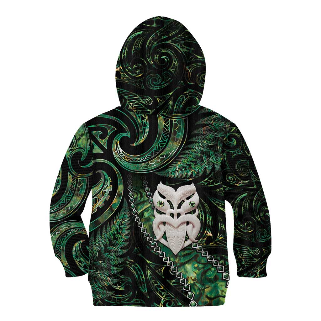 New Zealand Aotearoa Kid Hoodie Maori Wheku Paua Shell Glitter Green