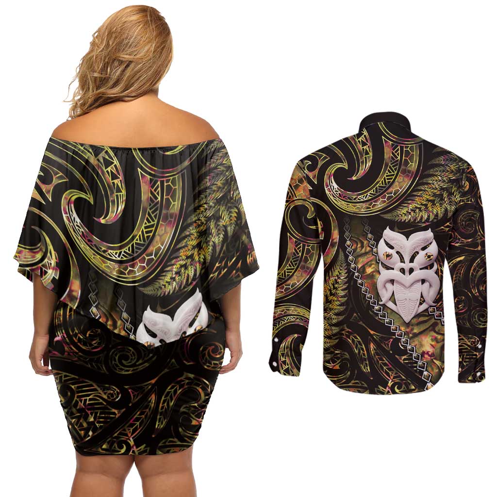 New Zealand Aotearoa Couples Matching Off Shoulder Short Dress and Long Sleeve Button Shirt Maori Wheku Paua Shell Glitter Gold