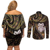 New Zealand Aotearoa Couples Matching Off Shoulder Short Dress and Long Sleeve Button Shirt Maori Wheku Paua Shell Glitter Gold