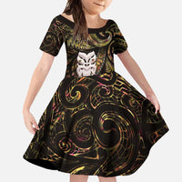 New Zealand Aotearoa Family Matching Tank Maxi Dress and Hawaiian Shirt Maori Wheku Paua Shell Glitter Gold LT05 Daughter's Dress Gold - Polynesian Pride