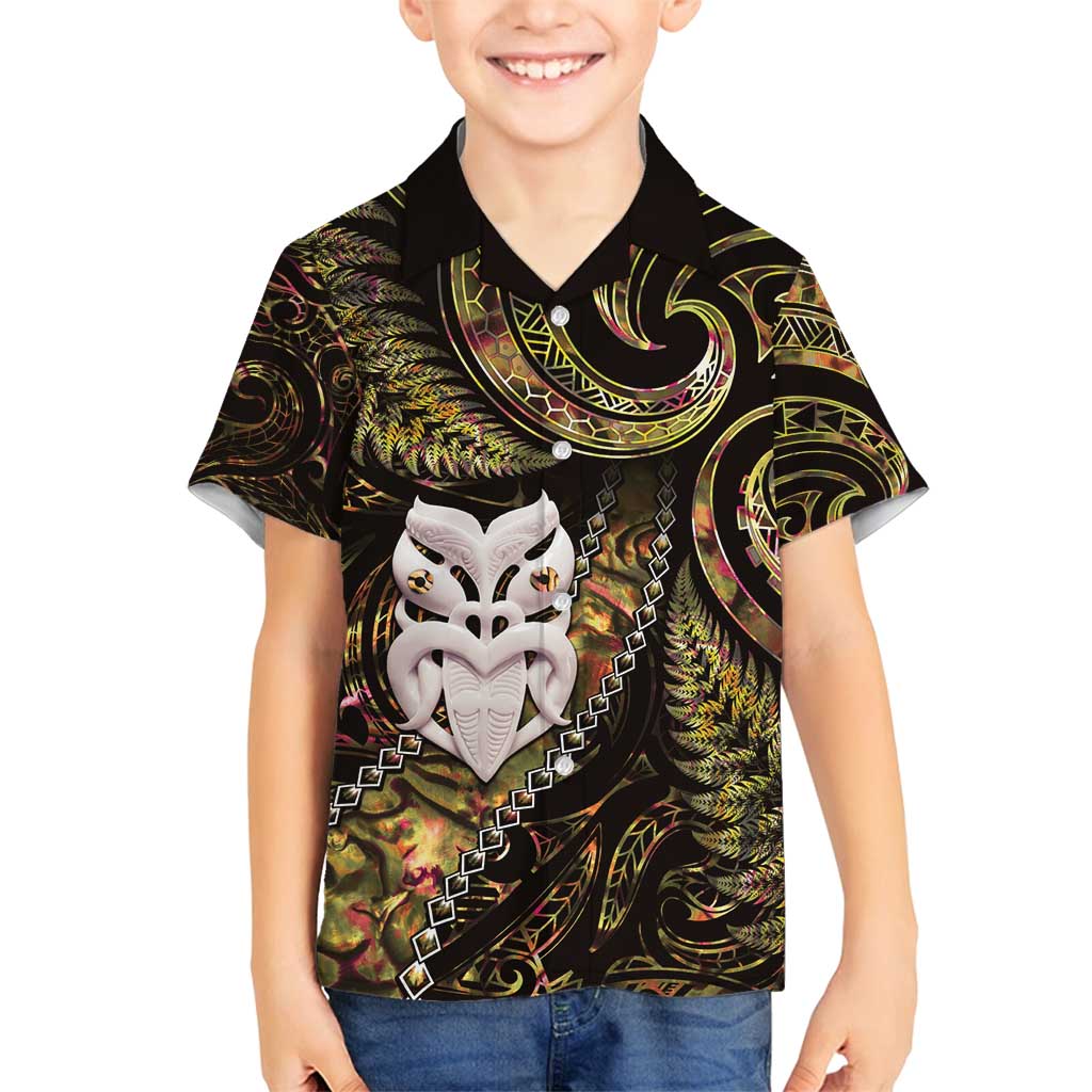 New Zealand Aotearoa Family Matching Tank Maxi Dress and Hawaiian Shirt Maori Wheku Paua Shell Glitter Gold LT05 Son's Shirt Gold - Polynesian Pride