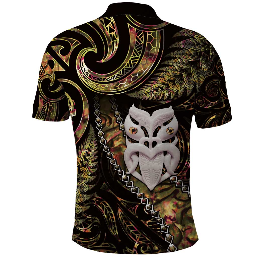 New Zealand Aotearoa Polo Shirt Maori Wheku Paua Shell Glitter Gold