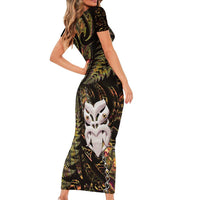 New Zealand Aotearoa Short Sleeve Bodycon Dress Maori Wheku Paua Shell Glitter Gold LT05 - Polynesian Pride