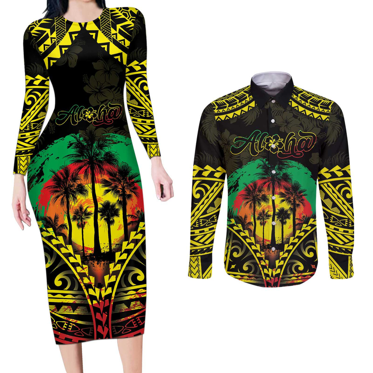 Aloha Tropical Palm Trees Couples Matching Long Sleeve Bodycon Dress and Long Sleeve Button Shirt Reggae Polynesian Pattern
