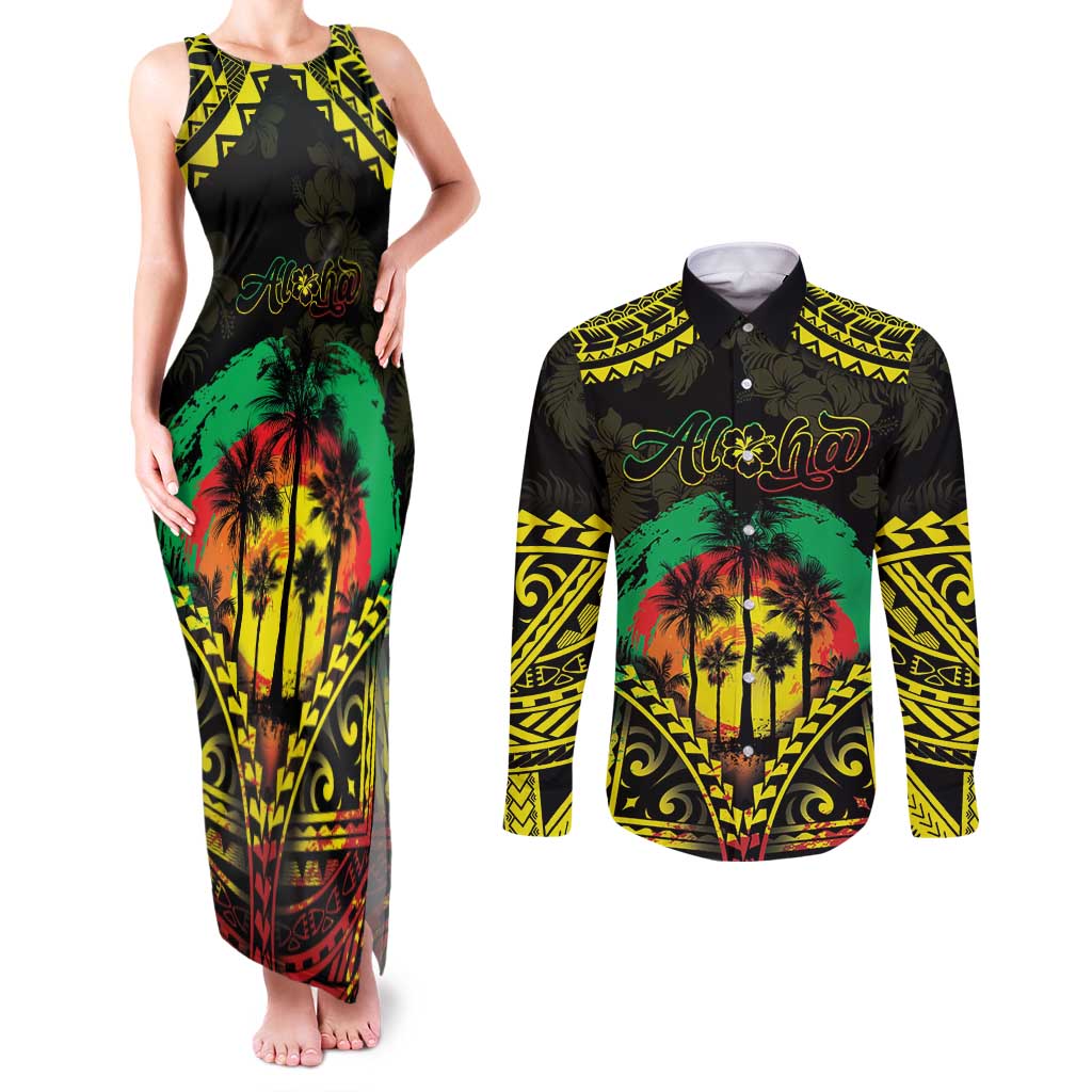 Aloha Tropical Palm Trees Couples Matching Tank Maxi Dress and Long Sleeve Button Shirt Reggae Polynesian Pattern