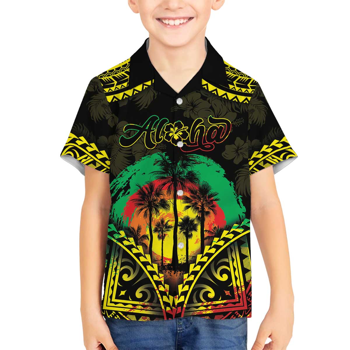 Aloha Tropical Palm Trees Family Matching Off Shoulder Short Dress and Hawaiian Shirt Reggae Polynesian Pattern LT05 Son's Shirt Black - Polynesian Pride