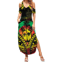 Aloha Tropical Palm Trees Family Matching Summer Maxi Dress and Hawaiian Shirt Reggae Polynesian Pattern LT05 Mom's Dress Black - Polynesian Pride